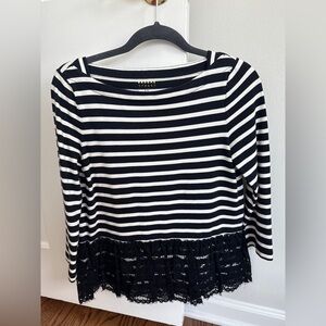 St. John Black and White Striped Long Sleeve Top with Lace Trim
